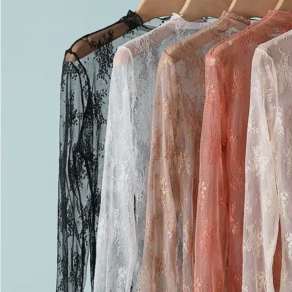 NEW Lace Sheer Long Sleeve Top - Black Sheer Feminine Long Sleeve Tee - Picture 5 of 8